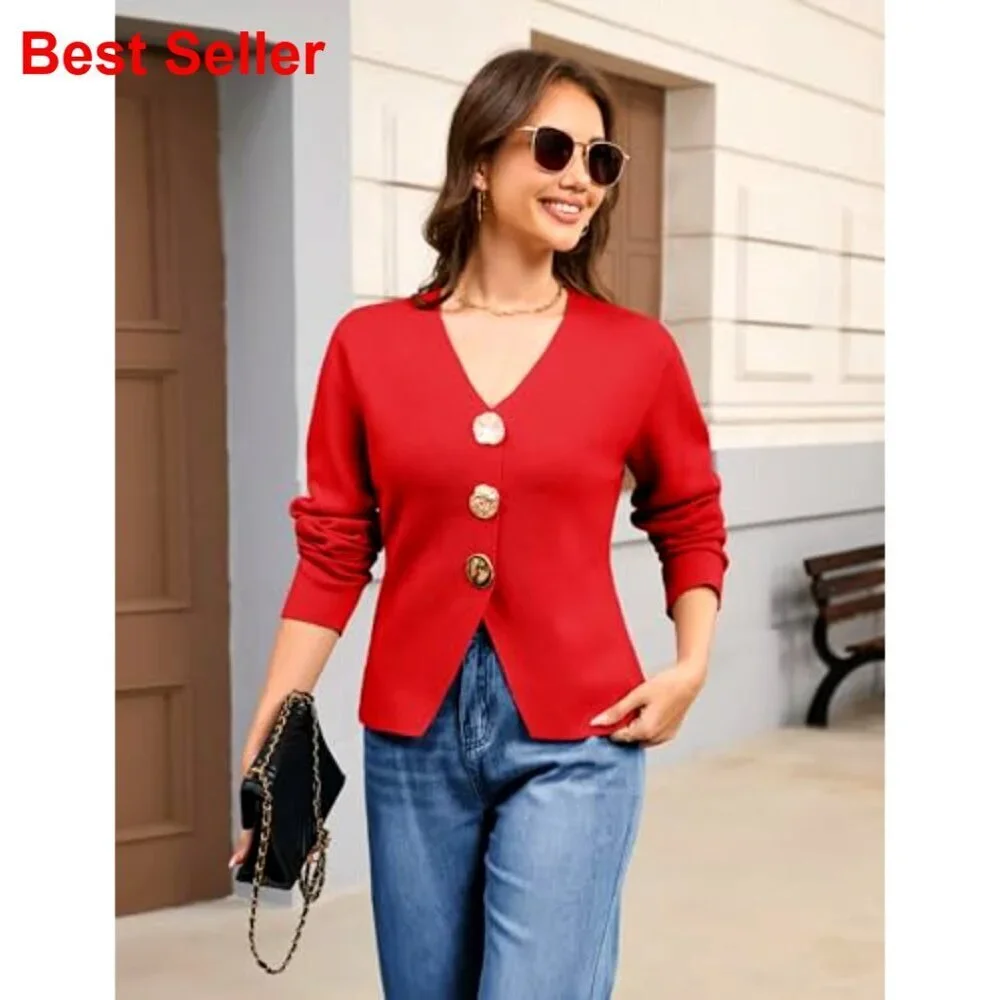 Cropped V-Neck Cardigan with Gold Buttons, Long Sleeve Knit Sweater